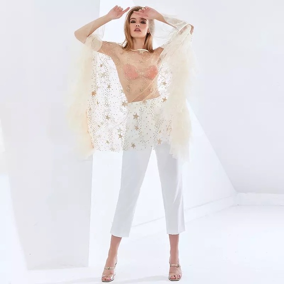 Glow Lux Appliqué Tulle Tunic Dress W/Butterfly Sleeves In Gold - Picture 4 of 6